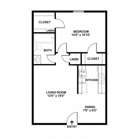Floor plan for 1 bed, 1 bath, 590 sqft